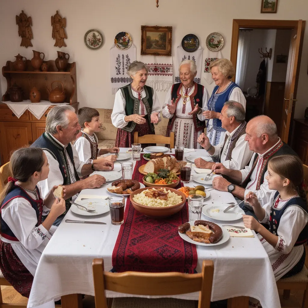 A scenic view of a cozy Slovak restaurant featuring rustic decor and a menu highlighting local culinary specialties.