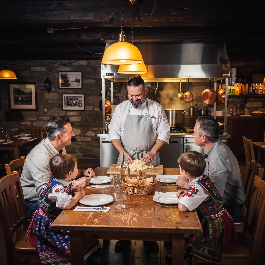 A close-up of a chef preparing traditional Slovak dumplings with bryndza cheese in a bustling kitchen.