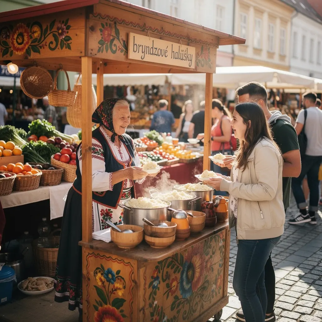 A family gathered around a table enjoying a feast of Slovak cuisine, including various regional dishes and local beverages.